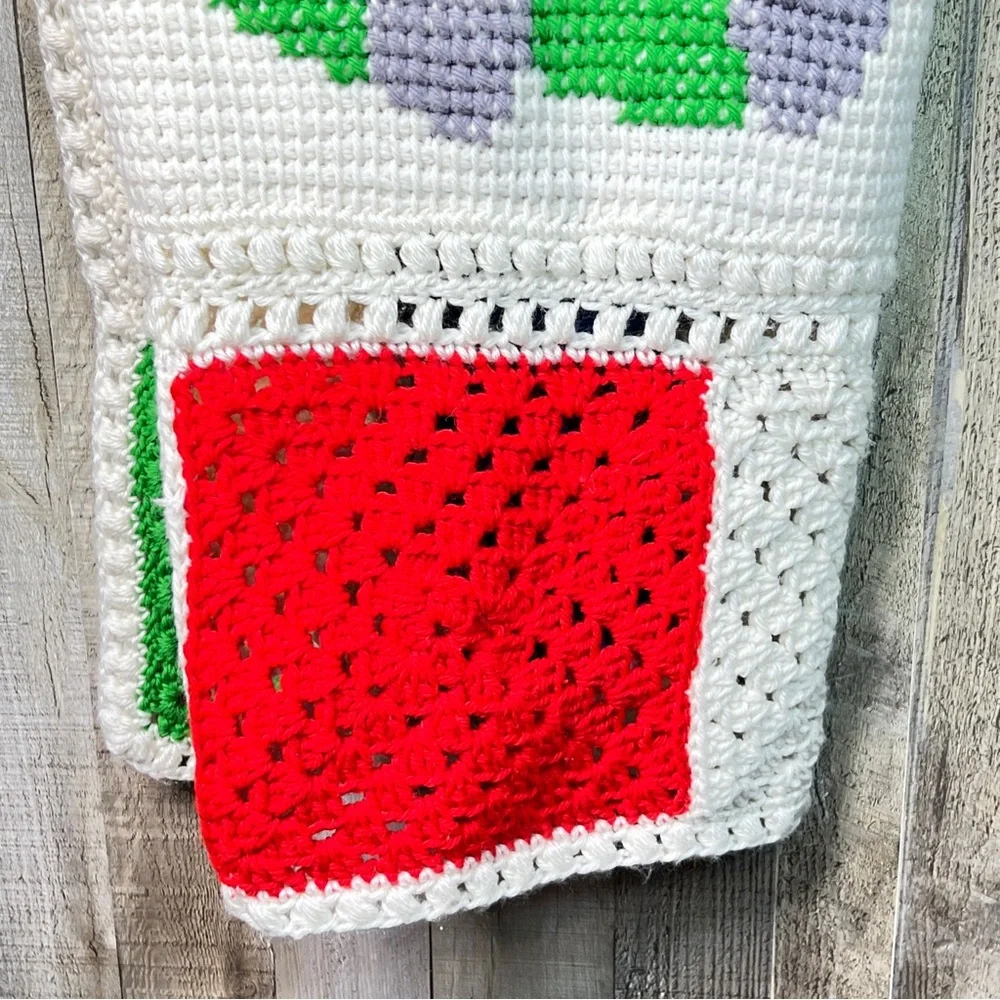 Vintage Elephant Crochet Blanket Color Blocks Red Yellow Gray Green Blue & White